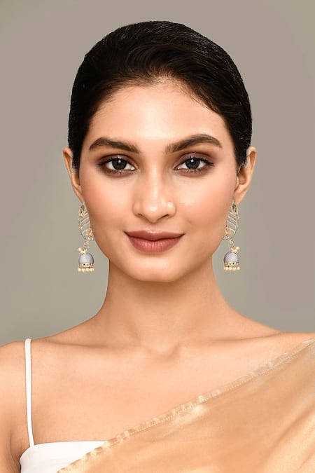 Shop_Nazaakat By Samara Singh_Grey Peacock Feather Enamelled Jhumkas _Online_at_Aza_Fashions