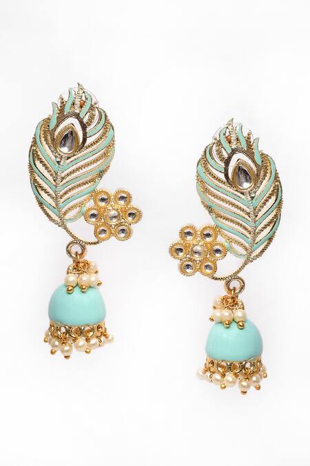 Nazaakat By Samara Singh_Green Enamelled Peacock Feather Jhumkas _Online_at_Aza_Fashions