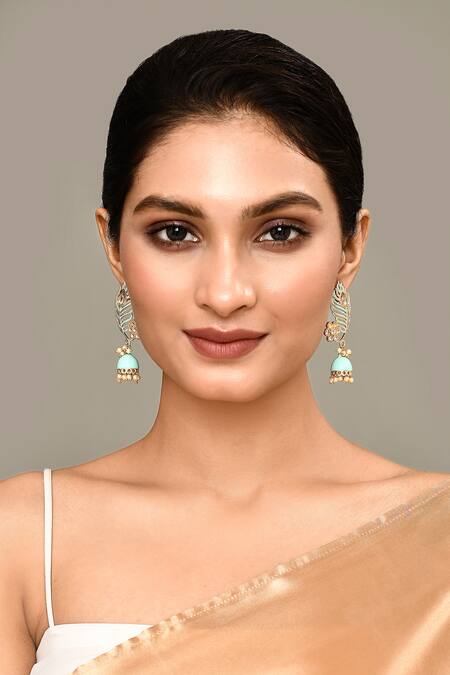 Shop_Nazaakat By Samara Singh_Green Enamelled Peacock Feather Jhumkas _Online_at_Aza_Fashions