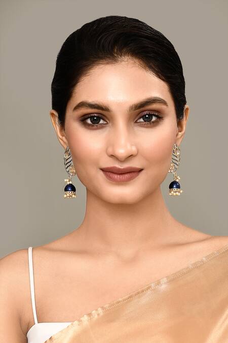 Shop_Nazaakat By Samara Singh_Blue Peacock Pearl Tasselled Jhumkas _Online_at_Aza_Fashions