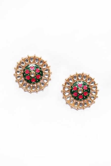 Nazaakat By Samara Singh_Green Stones, Beads, Embroidery Enamelled Round Studs _Online_at_Aza_Fashions