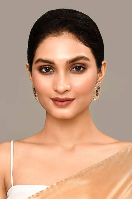 Shop_Nazaakat By Samara Singh_Green Stones, Beads, Embroidery Enamelled Round Studs _Online_at_Aza_Fashions