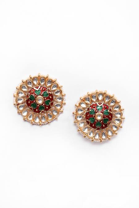Nazaakat By Samara Singh_Maroon Stones, Beads, Embroidery Enamelled Studded Round Studs _Online_at_Aza_Fashions