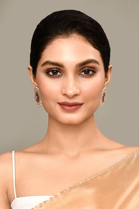 Shop_Nazaakat By Samara Singh_Maroon Stones, Beads, Embroidery Enamelled Studded Round Studs _Online_at_Aza_Fashions