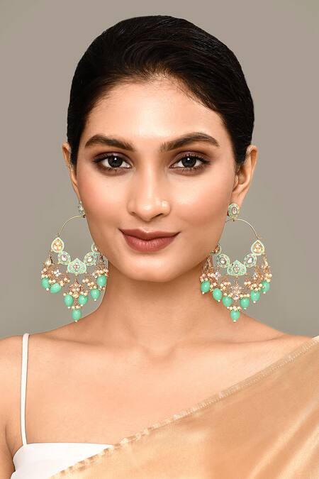 Shop_Nazaakat By Samara Singh_Green Beads, Stones Kundan Embellished Earrings _Online_at_Aza_Fashions