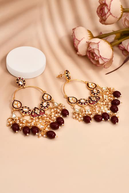 Shop_Nazaakat By Samara Singh_Maroon Beads, Diamonds Mughal Carved Earrings _at_Aza_Fashions