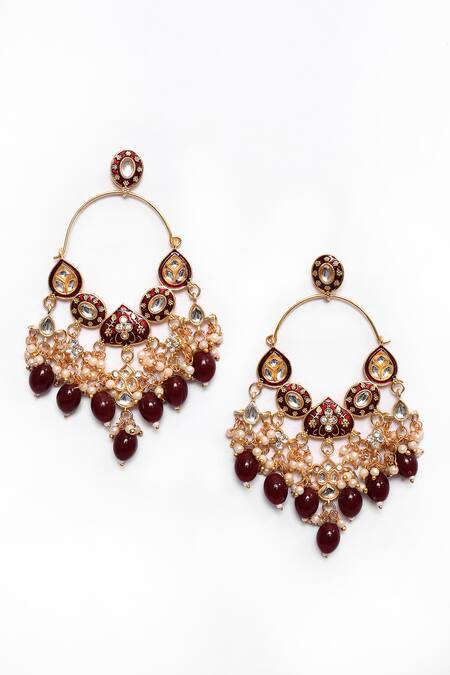 Nazaakat By Samara Singh_Maroon Beads, Diamonds Mughal Carved Earrings _Online_at_Aza_Fashions