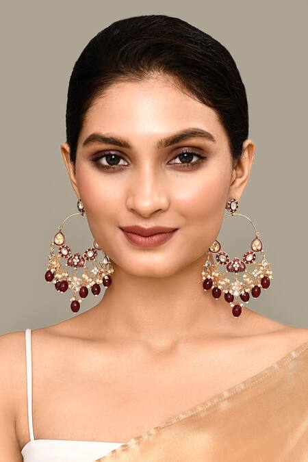 Shop_Nazaakat By Samara Singh_Maroon Beads, Diamonds Mughal Carved Earrings _Online_at_Aza_Fashions