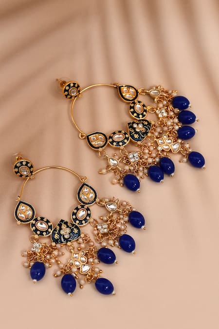 Shop_Nazaakat By Samara Singh_Blue Beads, Diamonds Mughal Shaped Earrings _at_Aza_Fashions