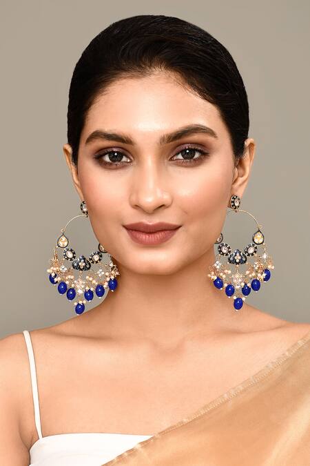 Shop_Nazaakat By Samara Singh_Blue Beads, Diamonds Mughal Shaped Earrings _Online_at_Aza_Fashions
