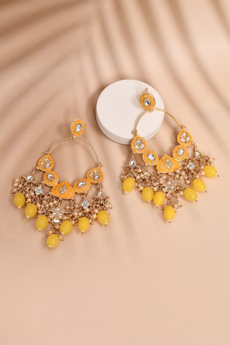 Shop_Nazaakat By Samara Singh_Yellow Beads, Diamonds Kundan Studded Earrings _at_Aza_Fashions