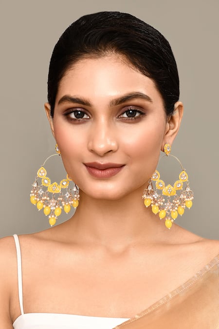 Shop_Nazaakat By Samara Singh_Yellow Beads, Diamonds Kundan Studded Earrings _Online_at_Aza_Fashions