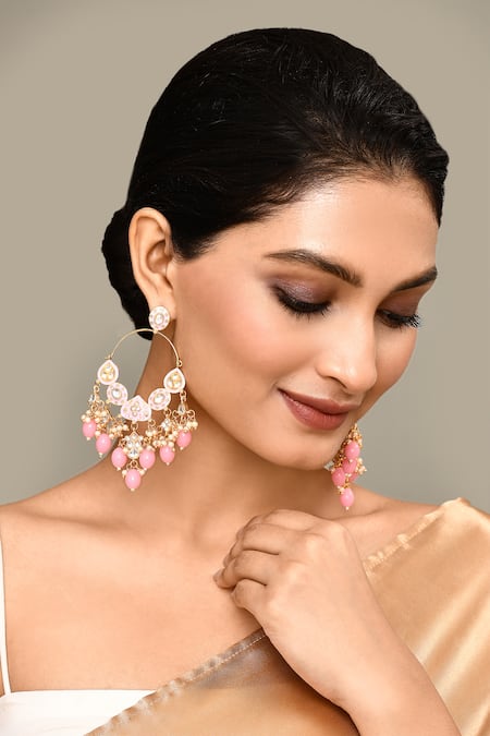 Samyukta Singhania Pink Kundan Tear Drop Carved Earrings 