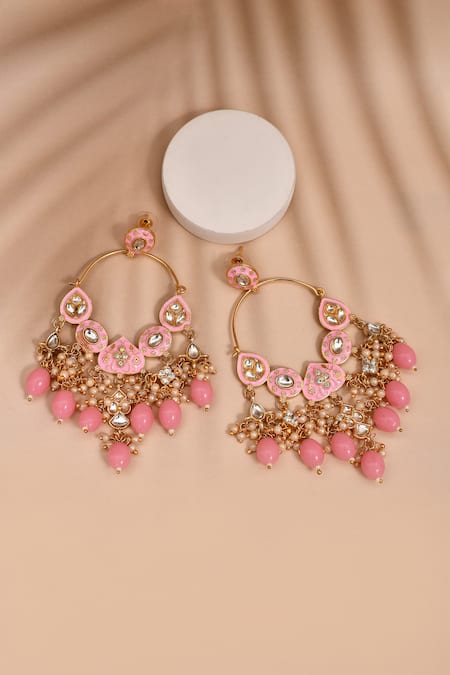 Shop_Nazaakat By Samara Singh_Pink Beads, Diamonds Tear Drop Carved Earrings _at_Aza_Fashions