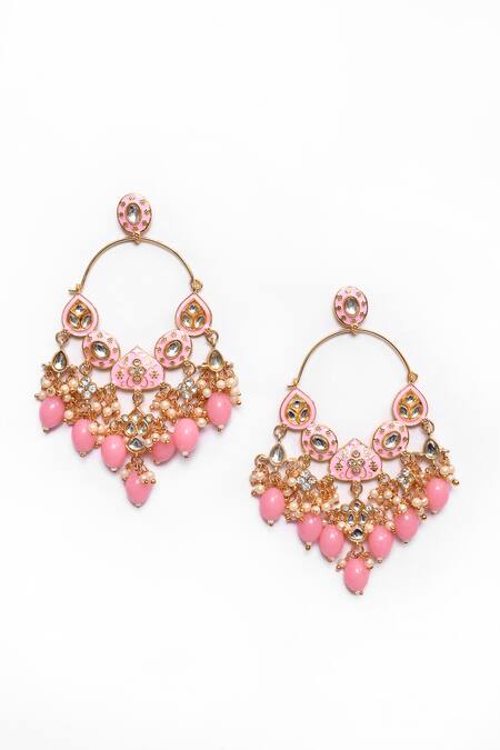 Nazaakat By Samara Singh_Pink Beads, Diamonds Tear Drop Carved Earrings _Online_at_Aza_Fashions