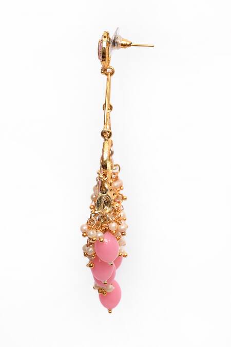 Buy_Nazaakat By Samara Singh_Pink Beads, Diamonds Tear Drop Carved Earrings _Online_at_Aza_Fashions