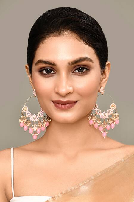 Shop_Nazaakat By Samara Singh_Pink Beads, Diamonds Tear Drop Carved Earrings _Online_at_Aza_Fashions