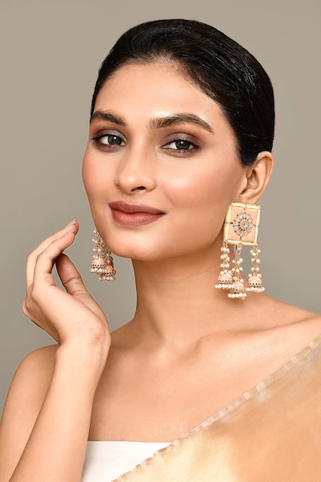 Adara Khan Floral Carved Square Top Earrings 