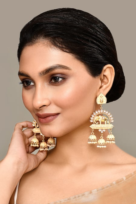 Adara Khan Elephant Motif Carved Earrings 