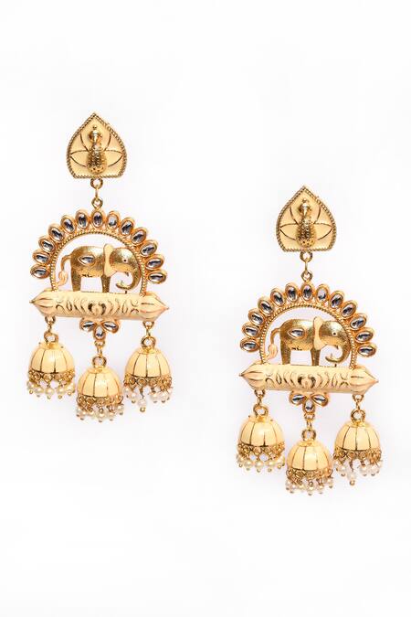 Nazaakat By Samara Singh_Beige Stones Elephant Motif Carved Earrings _Online_at_Aza_Fashions