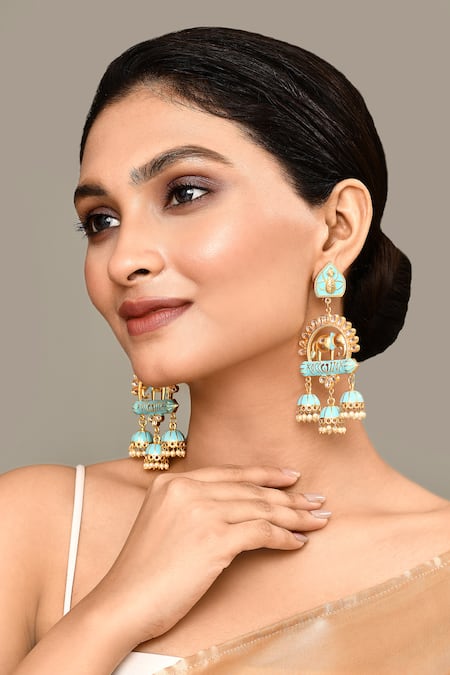 Adara Khan Elephant Motif Carved Dangler Earrings 