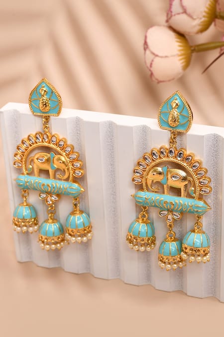 Shop_Nazaakat By Samara Singh_Blue Stones Elephant Motif Carved Dangler Earrings _at_Aza_Fashions