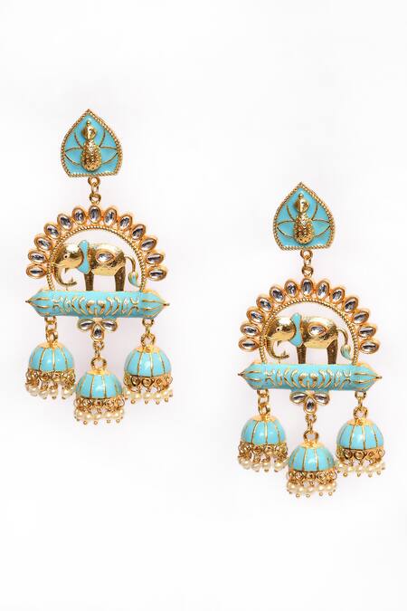 Nazaakat By Samara Singh_Blue Stones Elephant Motif Carved Dangler Earrings _Online_at_Aza_Fashions