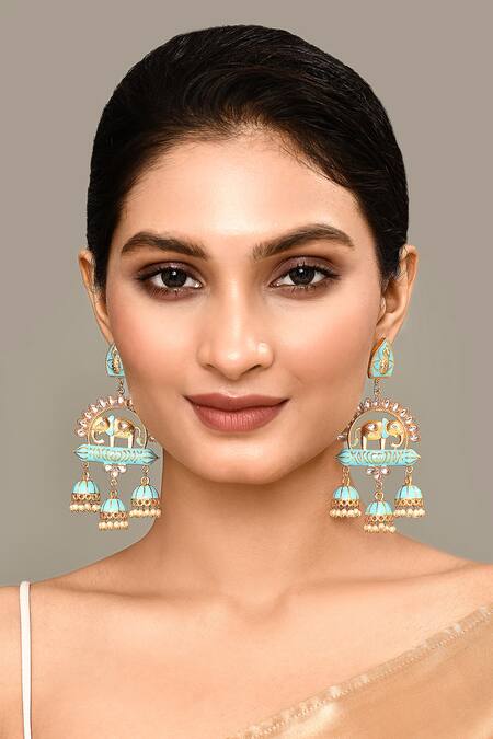 Shop_Nazaakat By Samara Singh_Blue Stones Elephant Motif Carved Dangler Earrings _Online_at_Aza_Fashions