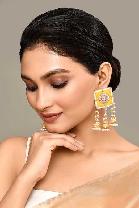 Samyukta Singhania Yellow Stone Floral Bloom Square Top Earrings 