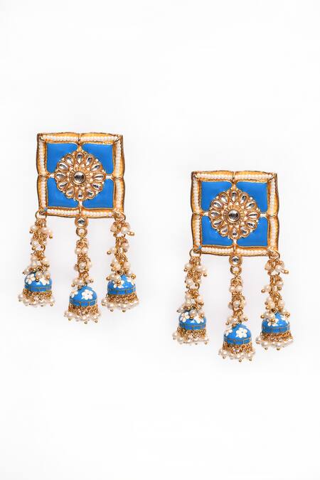 Nazaakat By Samara Singh_Blue Stones, Beads Square Top Floral Carved Earrings _Online_at_Aza_Fashions