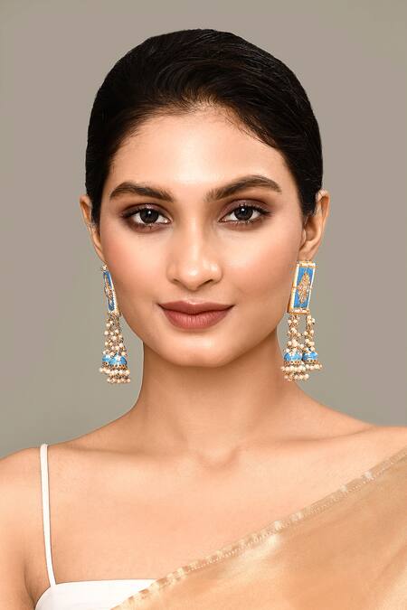 Shop_Nazaakat By Samara Singh_Blue Stones, Beads Square Top Floral Carved Earrings _Online_at_Aza_Fashions