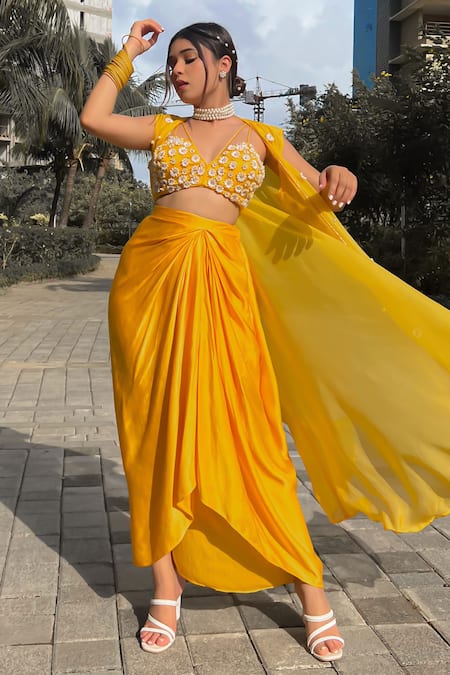 Mona and Vishu Yellow Dupion Silk Embroidered Pearl Plunged Sunshine Cape With Drape Skirt Set 