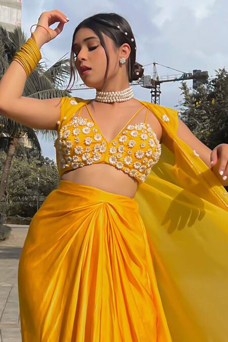 Mona And Vishu Yellow Organza, Silk Pearls Sunshine Embroidered Cape With Drape Skirt Set Online at Aza Fashions Mona And Vishu_Yellow Organza, Silk Pearls Sunshine Embroidered Cape With Drape Skirt Set _Online_at_Aza_Fashions