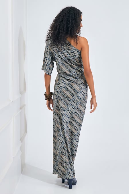 NA-KA Geometric Print Asymmetric Neck Dress 