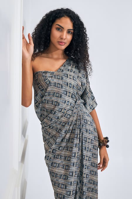 Buy NA-KA Blue Satin Asymmetric Geometric Print Neck Dress Online at Aza Fashions Buy_NA-KA_Blue Satin Asymmetric Geometric Print Neck Dress _Online_at_Aza_Fashions