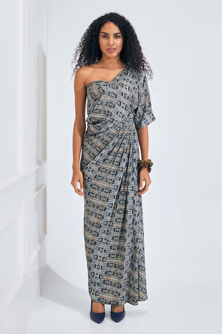 NA-KA_Blue Satin Asymmetric Geometric Print Neck Dress _at_Aza_Fashions