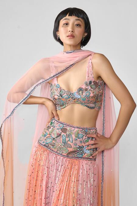 Aisha Rao_Pink Tulle Sequins, Cut Work, Sylphine Applique Embellished Pleated Lehenga Set _Online_at_Aza_Fashions