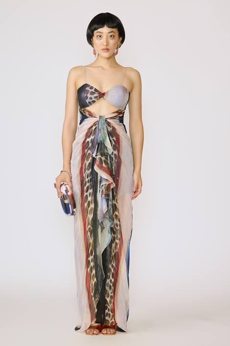 Shop_Aisha Rao_Purple Lurex, Organza Sequins, Cut Work, Valora Abstract Print Gown With Jacket _Online_at_Aza_Fashions