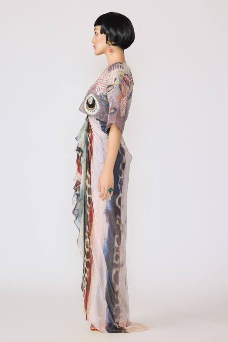 Aisha Rao_Purple Lurex, Organza Sequins, Cut Work, Valora Abstract Print Gown With Jacket _at_Aza_Fashions