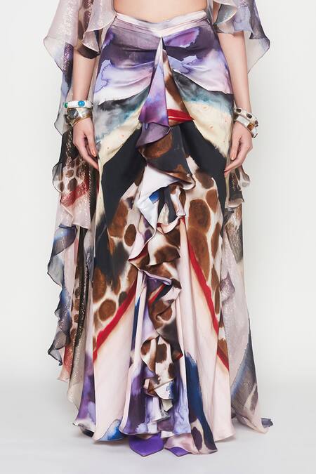 Aisha Rao_Purple Satin Sequins Neckline Embroidered Cape And Draped Skirt Set _Online_at_Aza_Fashions