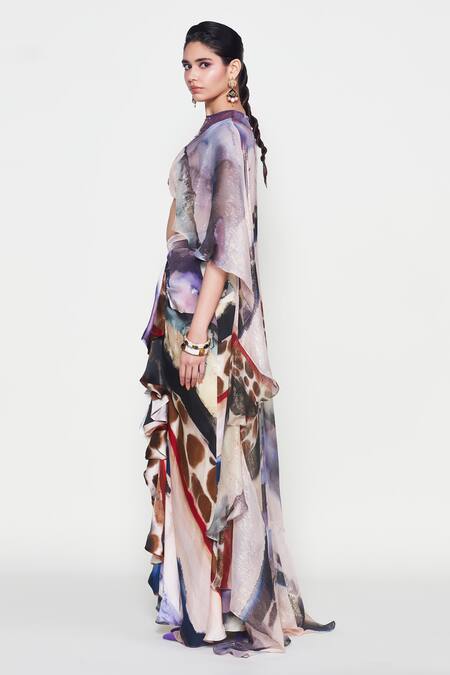 Aisha Rao_Purple Satin Sequins Neckline Embroidered Cape And Draped Skirt Set _at_Aza_Fashions