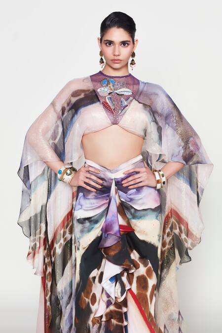 Buy_Aisha Rao_Purple Satin Sequins Neckline Embroidered Cape And Draped Skirt Set 