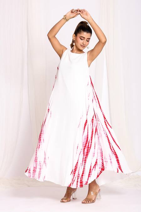 Buy Ellemora Fashions White Georgette Boat Neck Shibori Flared Long Dress Online at Aza Fashions Buy_Ellemora Fashions_White Georgette Boat Neck Shibori Flared Long Dress _Online_at_Aza_Fashions