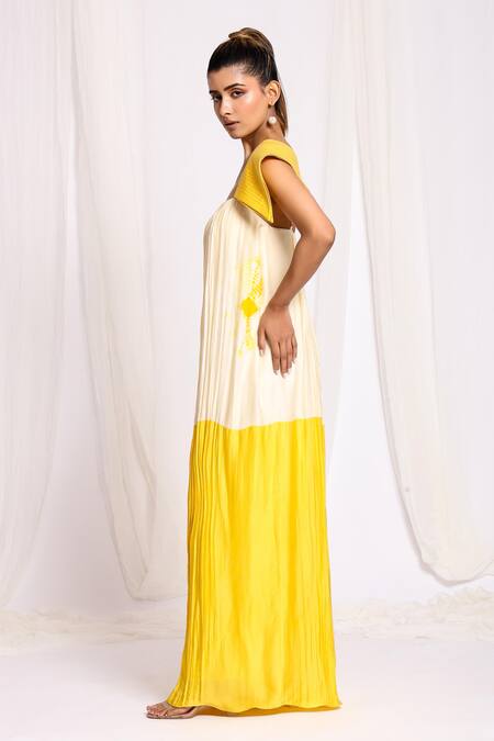 Ellemora Fashions_Yellow Gingham Square Neck Placed Tie Dye Pattern Color Block Jumpsuit _at_Aza_Fashions