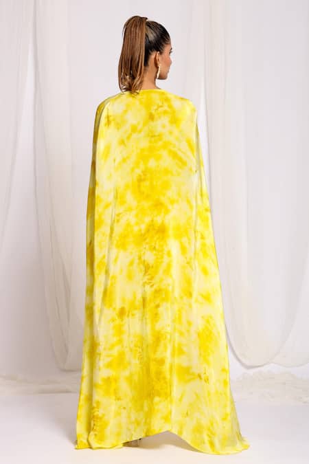 Ellemora Fashions Yellow Crepe, Cotton Embroidery Sweetheart Neck, Cloud Tie Dye Shrug And Pant Set Online at Aza Fashions Ellemora Fashions_Yellow Crepe, Cotton Embroidery Sweetheart Neck, Cloud Tie Dye Shrug And Pant Set _Online_at_Aza_Fashions