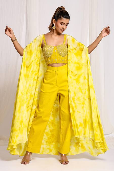 Buy Ellemora Fashions Yellow Crepe, Cotton Embroidery Sweetheart Neck, Cloud Tie Dye Shrug And Pant Set Online at Aza Fashions Buy_Ellemora Fashions_Yellow Crepe, Cotton Embroidery Sweetheart Neck, Cloud Tie Dye Shrug And Pant Set _Online_at_Aza_Fashions