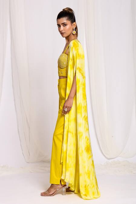 Ellemora Fashions Yellow Crepe, Cotton Embroidery Sweetheart Neck, Cloud Tie Dye Shrug And Pant Set at Aza Fashions Ellemora Fashions_Yellow Crepe, Cotton Embroidery Sweetheart Neck, Cloud Tie Dye Shrug And Pant Set _at_Aza_Fashions