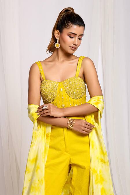 Buy Ellemora Fashions Yellow Crepe, Cotton Embroidery Sweetheart Neck, Cloud Tie Dye Shrug And Pant Set Buy_Ellemora Fashions_Yellow Crepe, Cotton Embroidery Sweetheart Neck, Cloud Tie Dye Shrug And Pant Set