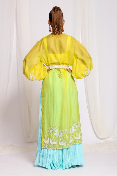 Ellemora Fashions Yellow Organza, Crepe Cut Work, Sequins, Embroidery Bird Jacket Palazzo Set Online at Aza Fashions Ellemora Fashions_Yellow Organza, Crepe Cut Work, Sequins, Embroidery Bird Jacket Palazzo Set _Online_at_Aza_Fashions