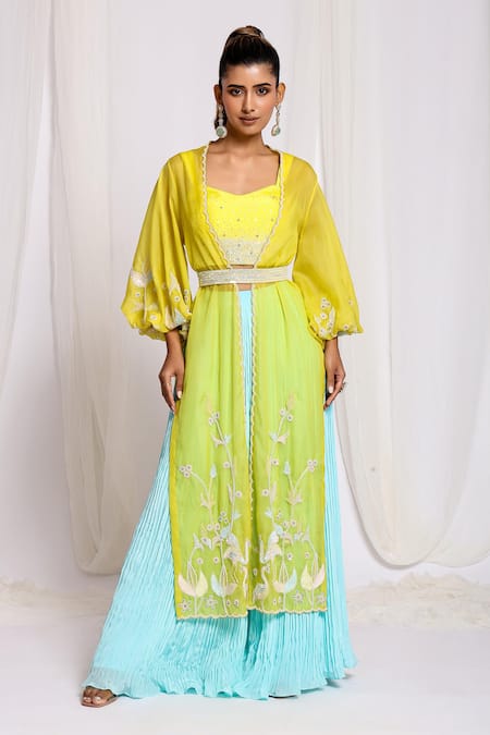Buy Ellemora Fashions Yellow Organza, Crepe Cut Work, Sequins, Embroidery Bird Jacket Palazzo Set Online at Aza Fashions Buy_Ellemora Fashions_Yellow Organza, Crepe Cut Work, Sequins, Embroidery Bird Jacket Palazzo Set _Online_at_Aza_Fashions